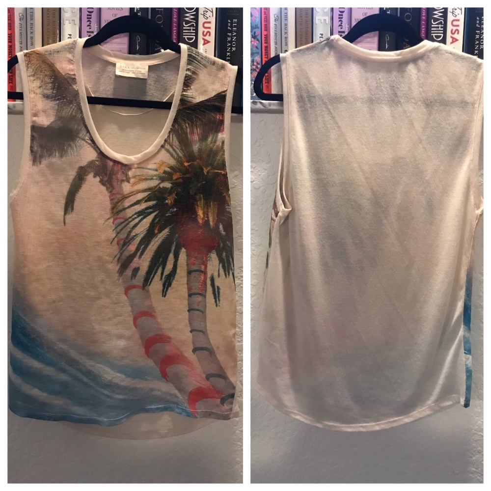 Zara Painted Tropical Graphic Hi Low Hem Tank Top